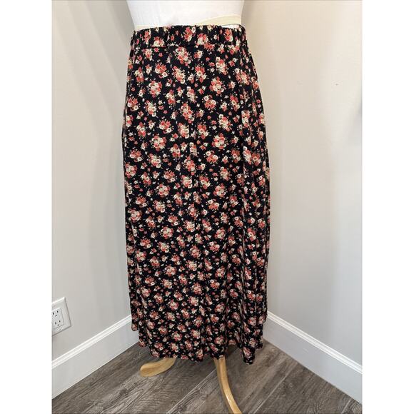 Vintage 90s Floral Button Front MaxiSkirt Black Red Ditsy Print A-Line Lg - Picture 4 of 10